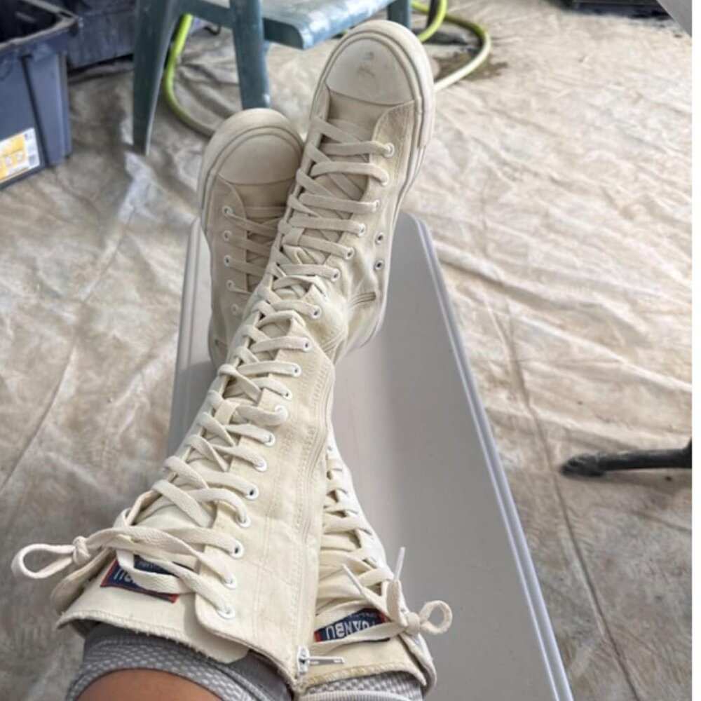 🆕Women & Girls White Canvas Long Rivet Knee High Canvas Boots Punk Style Boots